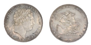 United Kingdom, George III, 1818 silver Crown (IX), 38mm, 28.5g. Obv: Laureate bust of George, right / Rev: St George on horseback slaying the dragon right within garter. S.3787, EF. 