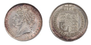 United Kingdom, George IV, 1824 silver Sixpence, 19mm, 2.7g. Obv: Laureate bust of George / Rev: Square topped crowned quartered shield of arms overlaid with second, smaller crowned shield, garter with legend around. S.3814, EF. 	
