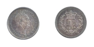 United Kingdom, William IV, 1834 silver Three Halfpence, 12mm, 0.8g. Obv: Uncrowned bust of William, right / Rev: Crowned denomination above date, all within oak wreath. S.3839, EF. 