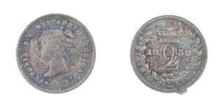 United Kingdom, Victoria, 1838 silver Two Pence Maundy, 13mm, 1.3g. Obv: Young uncrowned bust of Victoria, left / Rev: Crowned denomination dividing date within oak wreath. S.3919, VF