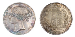 United Kingdom, Victoria, 1845 silver Crown, 38mm, 28.3g. Obv: Young uncrowned bust of Victoria, left / Rev: Crowned quartered shield of arms within wreath, national flower emblems below. S.3882, EF. 