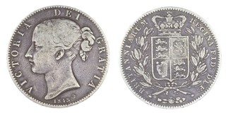 United Kingdom, Victoria, 1845 silver Crown, 38mm, 27.7g. Young uncrowned bust of Victoria, left / Rev: Crowned quartered shield of arms within wreath, national flower emblems below. AS.3882, F. 