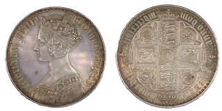 United Kingdom, Victoria, 1847 silver gothic Crown, 38mm, 28.4g. Obv: Crowned bust of Queen Victoria, left / Rev: Crowned cruciform shields of England, Scotland and Ireland around central garter star with national flower emblems in angles. S.3883, EF. 