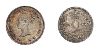 United Kingdom, Victoria, 1863 silver Two Pence Maundy, 13mm, 1.3g. Obv: Young uncrowned bust of Victoria, left / Rev: Crowned denomination dividing date within oak wreath. S.3919, EF. 