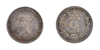 United Kingdom, Victoria, 1864 silver Two Pence Maundy, 13mm, 1.3g. Obv: Young uncrowned bust of Victoria, left / Rev: Crowned denomination dividing date within oak wreath. S.3919, EF. 