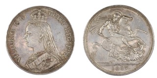 United Kingdom, Victoria, 1887 silver Crown, 38mm, 28.3g. Obv: Jubilee bust of Victoria, left / Rev: St George on horseback slaying the dragon right. S.3921, EF.	