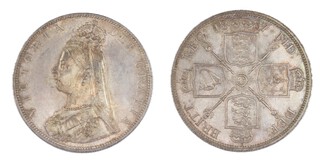 United Kingdom, Victoria, 1887 silver Double Florin, 35mm, 23.0g. Obv: Jubilee bust of Queen Victoria, left / Rev: Crowned cruciform shields around central garter star, sceptres with national emblems in angles. S.3923, EF.