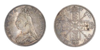 United Kingdom, Victoria, 1887 silver Double Florin, 35mm, 23.0g. Obv: Jubilee bust of Queen Victoria, left / Rev: Crowned cruciform shields around central garter star, sceptres with national emblems in angles. S.3923, EF. 