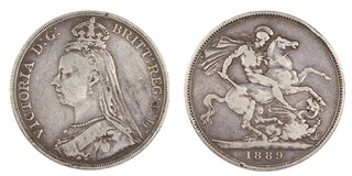 United Kingdom, Victoria, 1889 silver Crown, 38mm, 27.8g. Obv: Crowned and veiled bust of Victoria, left / Rev: St George on horseback slaying the dragon. S.3921, F. 