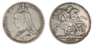 United Kingdom, Victoria, 1890 silver Crown, 38mm, 27.8g. Obv: Jubilee bust of Victoria, left / Rev: St George on horseback slaying the dragon right. S.3921, F. 		