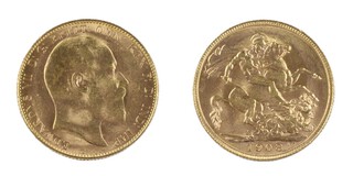 United Kingdom, Edward VII 1908 gold Sovereign, 22mm, 8.0g. Minted in Perth. Obv: Bareheaded bust of Edward, right / Rev: St. George on horseback slaying the dragon, right, small P on ground. S.3969