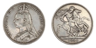 United Kingdom, Victoria, 1890 silver Crown, 38mm, 28.1g. Obv: Jubilee bust of Victoria, left / Rev: St George on horseback slaying the dragon right. S.3921, VF.