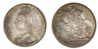 United Kingdom, Victoria, 1890 silver Crown, 38mm, 28.2g. Obv: Jubilee bust of Victoria, left / Rev: St George on horseback slaying the dragon right. S.3921, EF. 