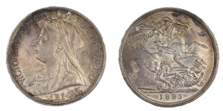 United Kingdom, Victoria, 1893, silver Crown, LVI, 39mm, 28.2g. Obv: Older bust of Victoria, left / Rev: St. George on horseback slaying the dragon right. S.3937, EF. 