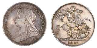 United Kingdom, Victoria, 1897 silver Crown, LXI, 39mm, 28.2g. Obv: Older bust of Victoria, left / Rev: St. George on horseback slaying the dragon right. S.3937, EF. 