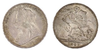 United Kingdom, Victoria, 1897 silver Crown, LXI, 39mm, 28.2g. Obv: Older bust of Victoria, left / Rev: St. George on horseback slaying the dragon right. S.3937, VF. 	