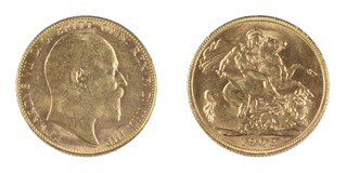 United Kingdom, Edward VII 1908 gold Sovereign, 22mm, 8.0g. Minted in Perth. Obv: Bareheaded bust of Edward, right / Rev: St. George on horseback slaying the dragon, right, small P on ground. S.3969