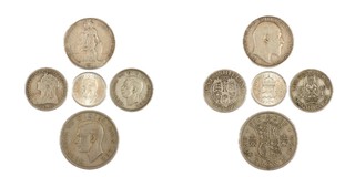 United Kingdom, Victoria Shilling; Edward VII Florin; George VI Sixpence, Shilling and Half Crown. F to EF. (5)