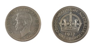 Australia, George VI, 1937 silver Crown, 38mm, 28.2g. Obv: Uncrowned profile of George left / Rev: Queen Victoria's diamond crown. KM# 34, EF.