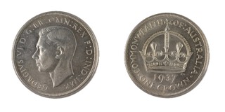 Australia, George VI, 1937 silver Crown, 38mm, 28.2g. Obv: Uncrowned profile of George left / Rev: Queen Victoria's diamond crown. KM# 34, EF. 