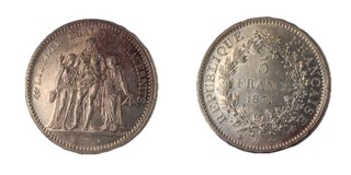 France, 1873 silver Five Francs, 37mm, 25.0g. Obv: Denomination and date within wreath / Rev: Hercules group(?) KM# 820.5, EF. 