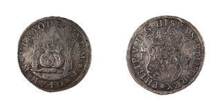 Mexico (Spanish Colonial), Philip V, 1740 silver Four Reals, 33mm, 13.1g. Obv: Crowned coat of arms / Rev: Crowned hemispheres between crowned pillars. KM# 94, VF. 