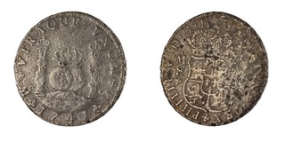 Mexico (Spanish Colonial), Philip V 1741 silver Eight Reals, 38mm, 23.8g. Shipwreck treasure from "Hollandia" Obv: Crowned coat of arms / Rev: Crowned hemispheres between crowned pillars. KM# 103, VF. (With certificate of origin)