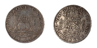 Mexico (Spanish Colonial), Fernando VI, 1756 silver Eight Reales, 40mm, 27.1g. Obv: Crowned coat of arms / Rev: Crowned hemispheres between crowned pillars. KM# 104.2, EF. 