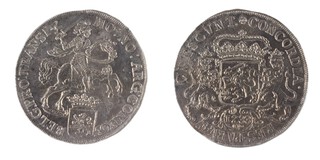 Netherlands, Overijssel, 1733 silver Ducaton, 42mm, 32.7g. Obv: Armoured knight brandishing sword with right hand on charging horse to right above arms of Overijssel / Rev: Crowned arms of the United Provinces, supported by a crowned lion on each side. KM.80, Coincraft KM# 80, VF. 