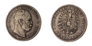 Kingdom of Prussia (German States), Wilhelm I, 1874 silver Five Mark, 38mm, 27.5g. Obv: Bust of Wilhelm right / Rev: Crowned eagle with the denomination below. KM# 503, EF. 