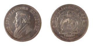 South African Republic (ZAR), 1892 silver Five Shillings, 38mm, 28.2g. Obv: Bust of President Kruger left / Rev: Arms of the South African Republic. KM# 81 (single shaft), VF. 