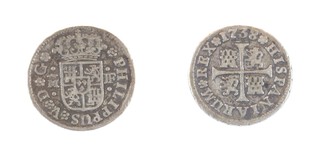 Spain, Philip V, 1738 silver Half Real, 15mm, 1.6g. Obv: Crowned coat of arms / Rev: Cross with castles and lions in angles. KM# 350.1, EF. 