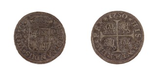 Spain, Ferdinand VI, 1750 silver Half Real, 15mm, 1.6g. Obv: Crowned coat of arms / Rev: Cross with castles and lions in angles. KM# 370.2, F. 