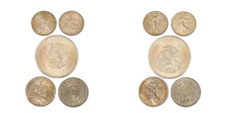 France, two one Franc and one two Franc coin; Japan 50 Sen coin; Mexico 5 Peso coin. VG to EF. (5)