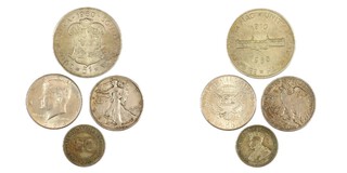 South Africa, 5 Shilling coin; Straits Settlements (British Malaysia) 20 Cent coin; United States, two Half Dollar coins. F to EF. (4)	