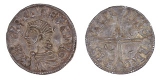 Anglo-Saxon England, Aethelred II, Lincoln mint, Aescman (moneyer), 978-1016, silver Penny, 20mm, 1.8g. Obv: Radiate portrait of Aethelred / Rev: Long cross. S.1152