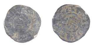 Kingdom of Jerusalem, Baldwin III, 1143-1163, silver Half Denier, 13mm, 0.3g. Obv: Cross, BALDVINVS REX around / Rev: Town of David, JERUSALEM around. 	