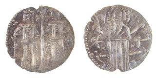 Second Bulgarian Empire, Ivan Alexander/Mikhail, 1300s, silver 1 Grosh, 20mm, 1.7g. Obv: Tsar and his son with sceptres, facing, with staff between them / Rev: Christ with nimbus, facing, standing before throne, both hands raised. 