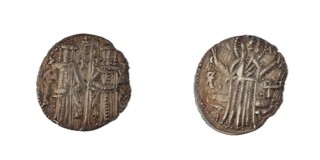 Second Bulgarian Empire, Ivan Alexander/Mikhail, 1300s, silver 1 Grosh, 20mm, 1.6g. Obv: Tsar and his son with sceptres, facing, with staff between them / Rev: Christ with nimbus, facing, standing before throne, both hands raised