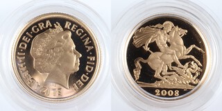 United Kingdom, Elizabeth II 2008 gold Sovereign, 22mm, 8.0g. Obv: IR-B portrait of Elizabeth, right / Rev: St. George on horseback slaying the dragon, right. SC4, unc. 