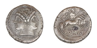 Roman Republic, 225-215 BC, silver Quadrigatus/Didrachm, 22mm, Obv: Laureate bust of Janus / Rev: Jupiter and Victory in quadriga. S.31, VF.