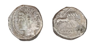 Roman Republic, 215-213 BC, silver Quadrigatus/Didrachm, 18mm, Obv: Laureate bust of beardless Janiform / Rev: Jupiter and Victory in galloping quadriga. S.32, F. 