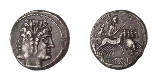 Roman Republic, 215-213 BC, silver Quadrigatus/Didrachm, 18mm, Obv: Laureate bust of beardless janiform / Rev: Jupiter and Victory in galloping quadriga, 'ROMA' in exergue. S.33, VF. 