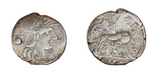 Roman Republic, Sex. Pompeius, 137 BC, silver Denarius, 18mm, Obv: Helmeted head of Roma facing right / Rev: She-wolf suckling Romulus and Remus, fig tree with birds in background, shepherd Fostulus standing to left. S.182, F.