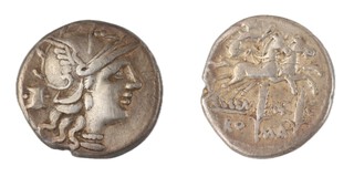 Roman Republic, M. Marcius, 134 BC, silver Denarius, 19mm, Obv: Helmeted head of Roma, modius behind / Rev: Victory in biga right, 'ROMA' divided by two corn ears below. S.122, VF.