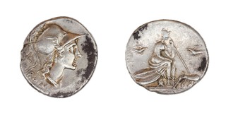 Roman Republic, Anonymous moneyer, 115-114 BC, silver Denarius, 20mm, Obv: Head of Roma in winged and crested corinthian helmet / Rev: Helmeted Roma seated, right, on a pile of shields, holding spear, birds in flight either side, she-wolf standing right, suckling Romulus and Remus. S.164, VF. 