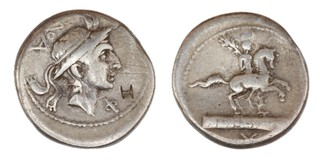 Roman Republic, Lucius Marcius Philippus, c. 113 BC, silver Denarius, 18mm, Obv: Head of King Philip V of Macedon wearing helmet with goat horns (modern H stamp) / Rev: Equestrian statue right, horseman carrying laurel-branch. S.170, F. 	