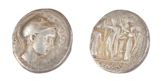 Roman Republic, Cn Cornelius Blasio (moneyer), 112-111 BC, silver Denarius, 18mm, Obv: Head of Mars right wearing Corintian helmet / Rev: The Capitoline Triad - Jupiter, Juno and Minerva. S.173, F. 