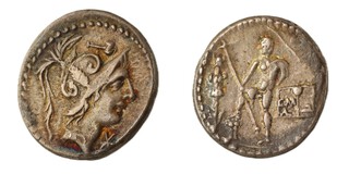 Roman Republic, Poblicius Malleolus, 96 BC, silver Denarius, 19mm, Obv: Helmeted head of Mars to right, hammer above, star below chin / Rev: Naked warrior standing to left holding spear, placing right foot on cuirass, trophy to left. S.216, VF. 