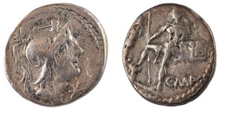 Roman Republic, Poblicius Malleolus, 96 BC, silver Denarius, 19mm, Obv: Helmeted head of Mars to right, hammer above, star below chin / Rev: Naked warrior standing to left holding spear, placing right foot on cuirass, trophy to left. S.216, F. 